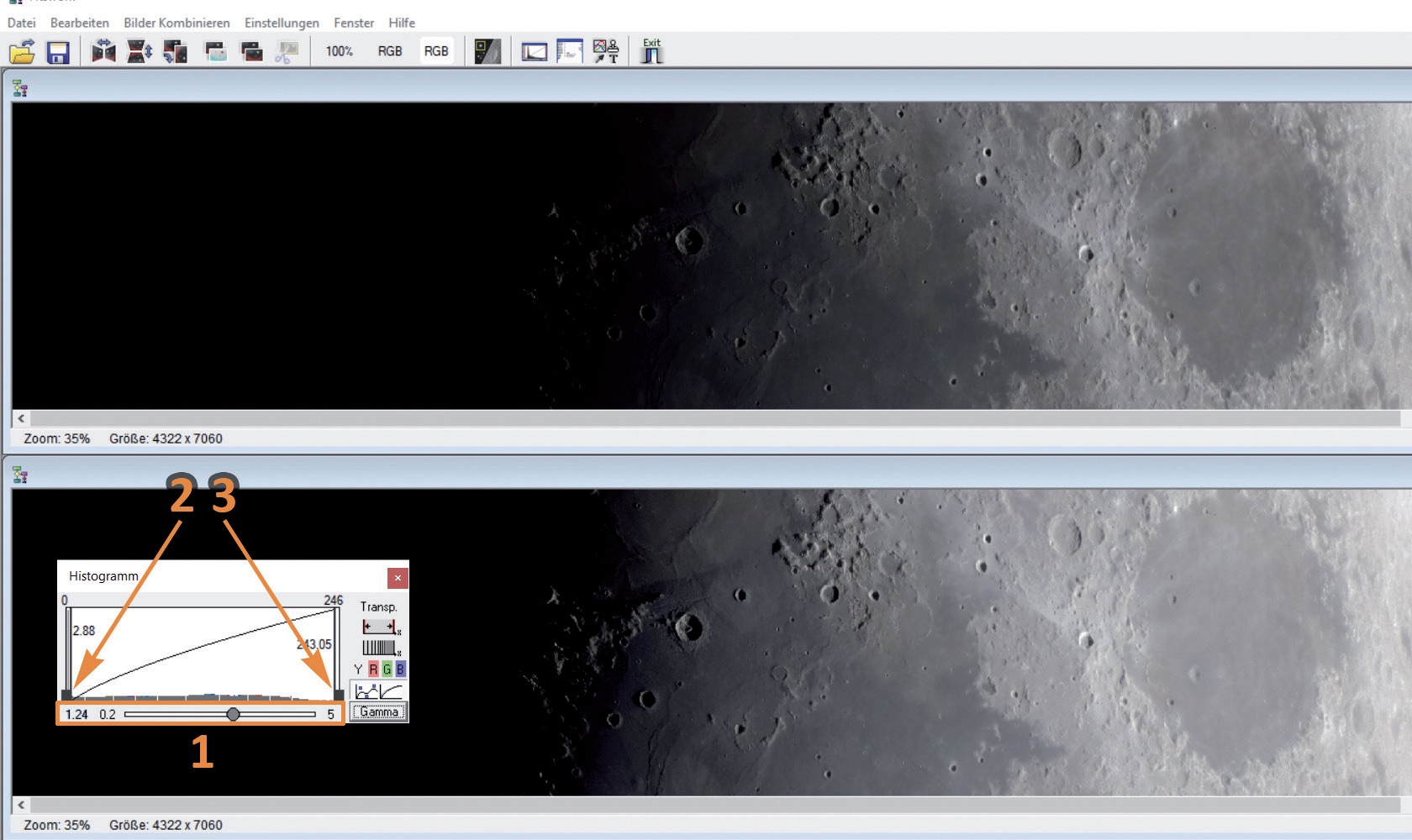 Folosiți reglarea gamma (1) pentru a ilumina ușor zonele întunecate pe terminator. Valorile de negru (2) și alb (3) sunt utilizate pentru a ajusta contrastul, dacă este necesar. M. Weigand